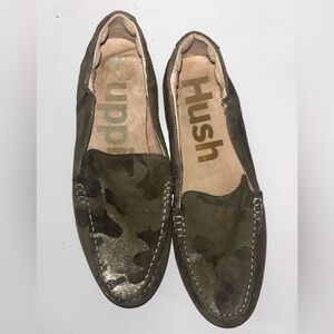 Hush Puppies Olive Metallic Camo Loafers Luxe Comfy Casual Slip-On Size 7.5